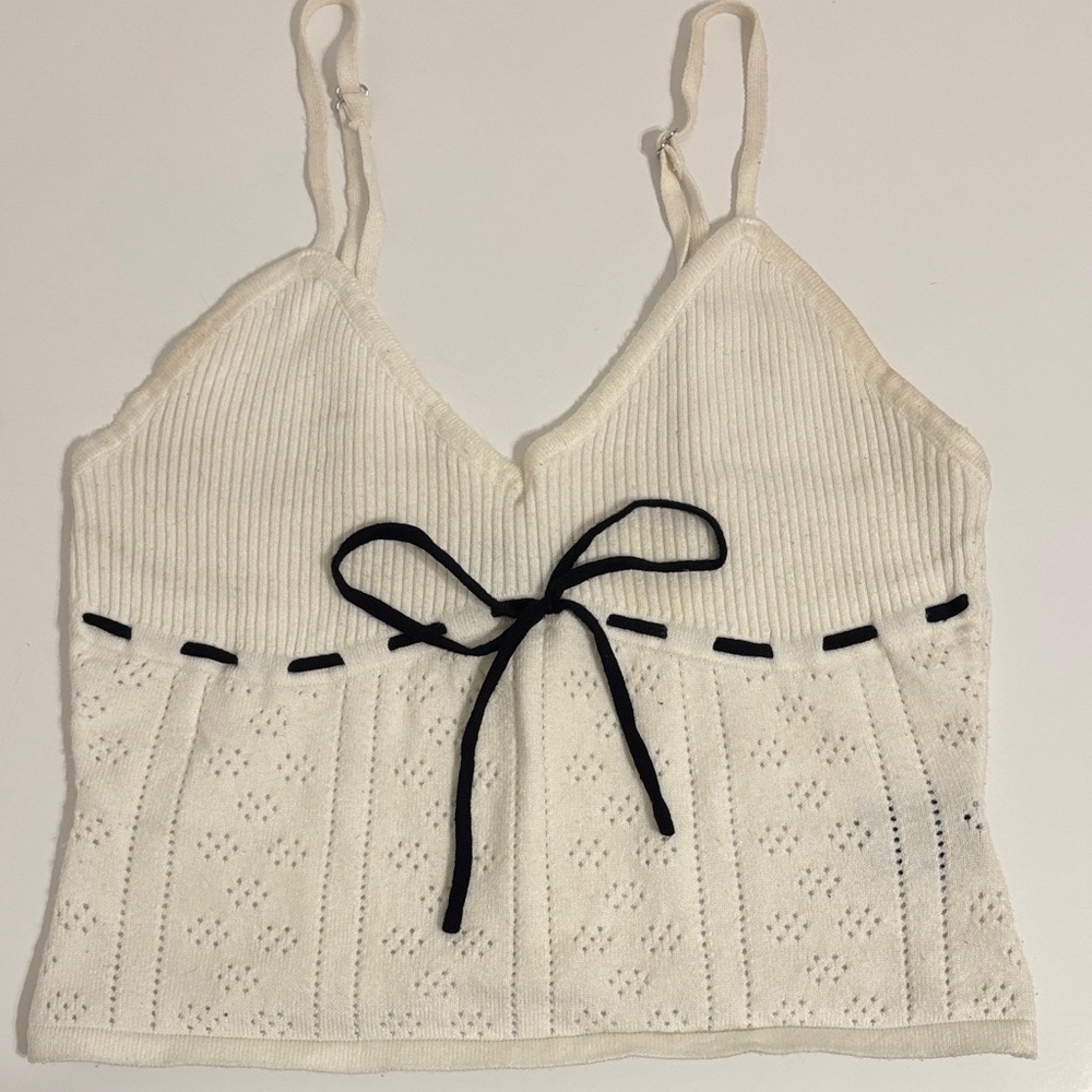 White Knit Camisole Tank with Black Tie Detail - M
